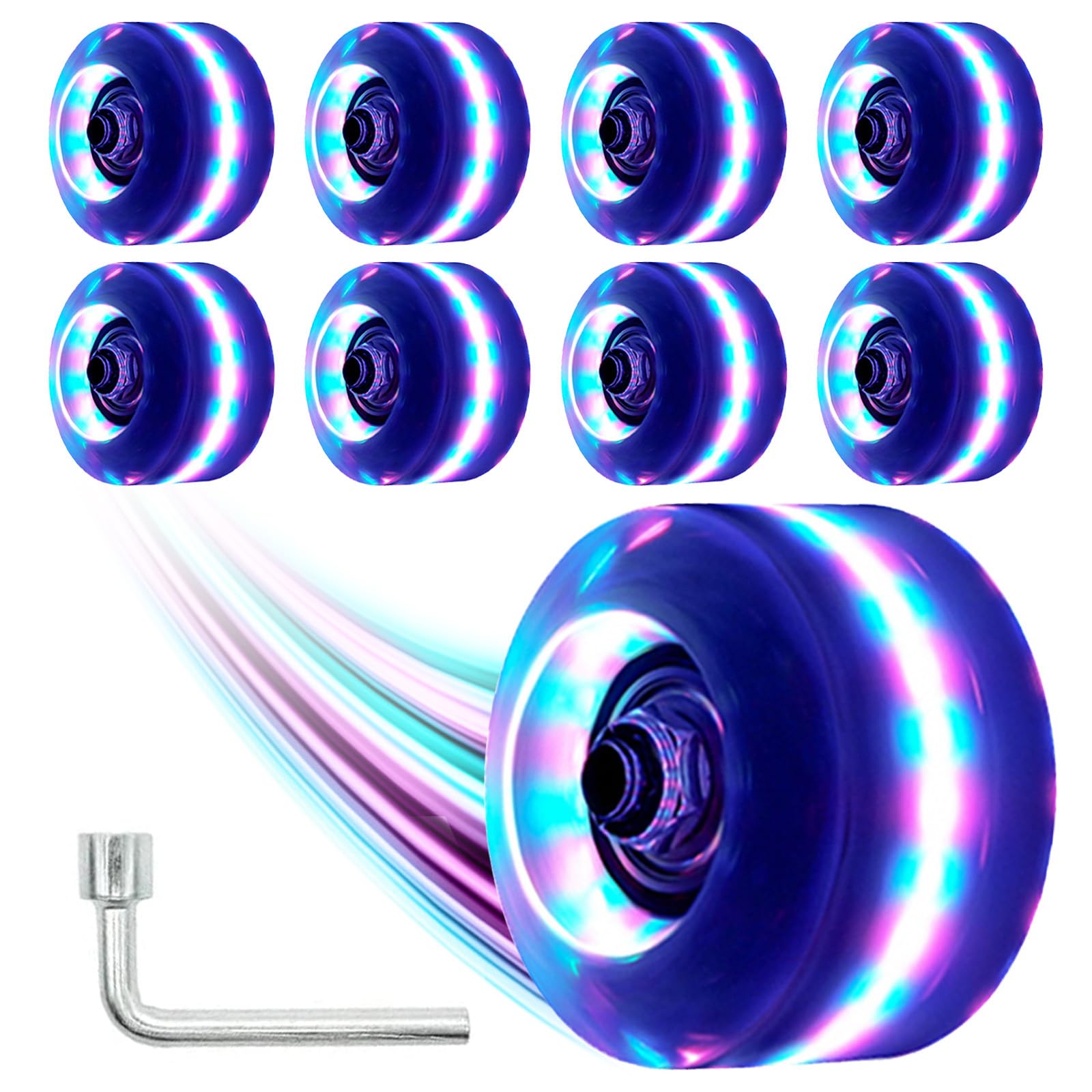 Light Up Roller Skate Wheels 8 Pack, 78A Hardness LED Skateboard Wheels with Premium ABEC-9 Bearings, Illuminating Roller Skate Accessories for Outdoor Indoor Quad Skates
