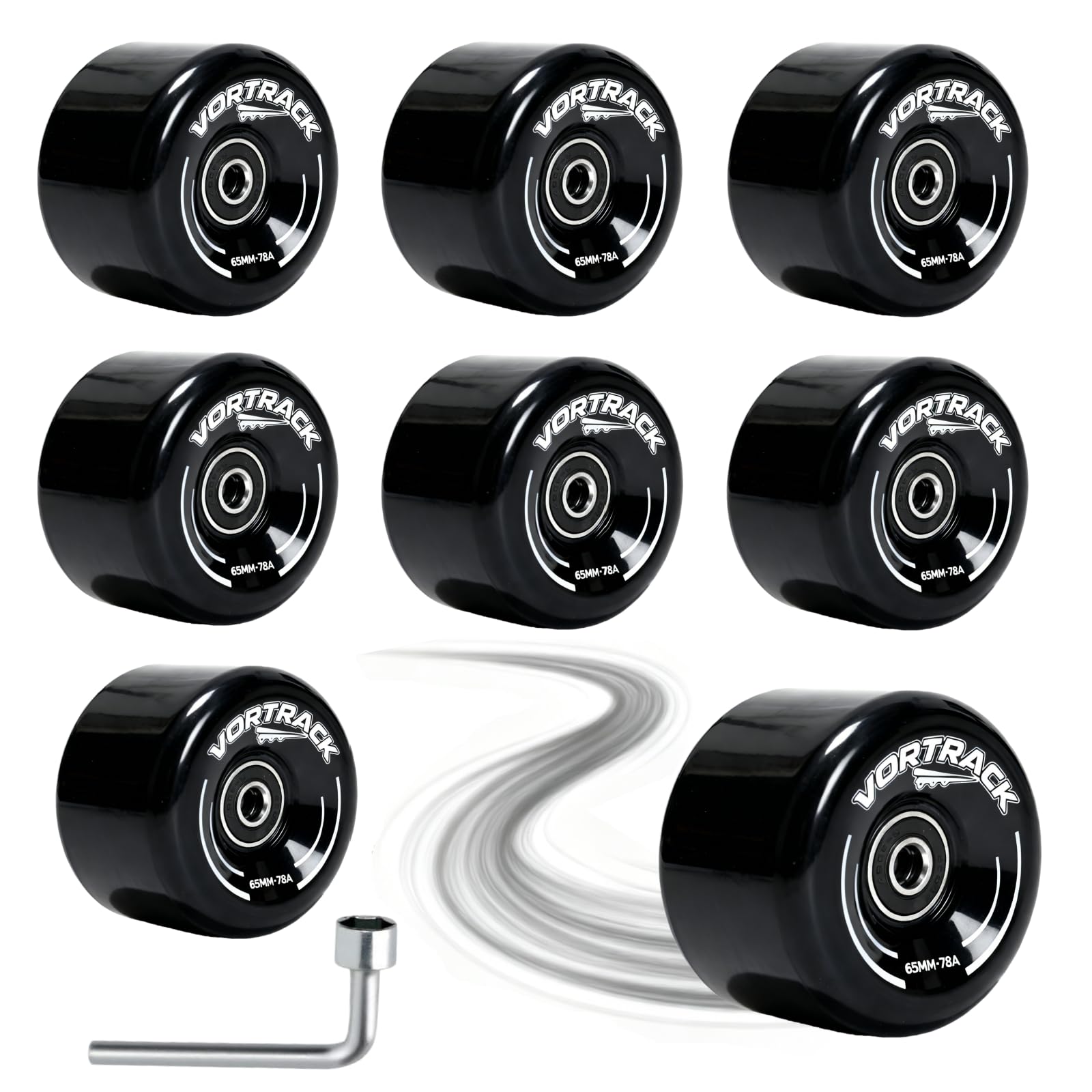 78A Quad Roller Skate Wheels 8 Pack 65x36mm with ABEC-9 Bearings Installed - Smooth Quiet Urethane Wheels for Indoor Outdoor Double Row Roller Skating, Replacement Accessories